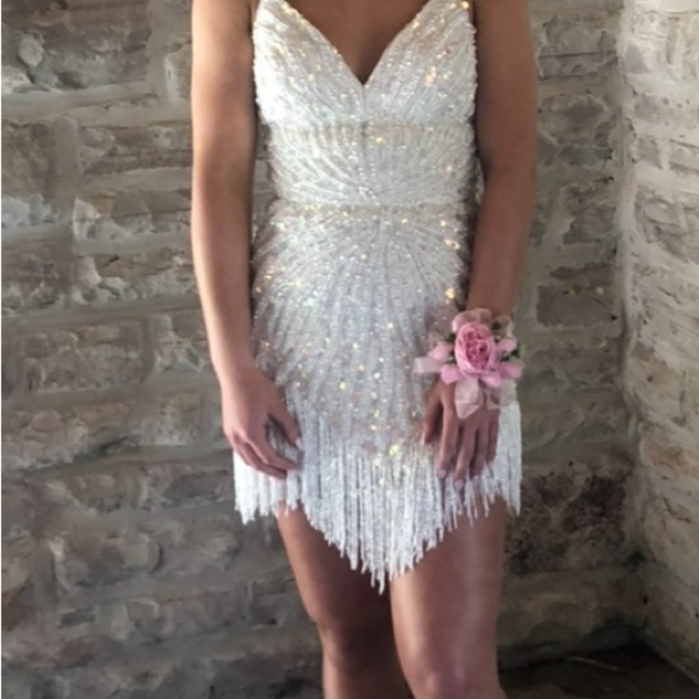 Sherri Hill White Beaded Fringe Mini Dress